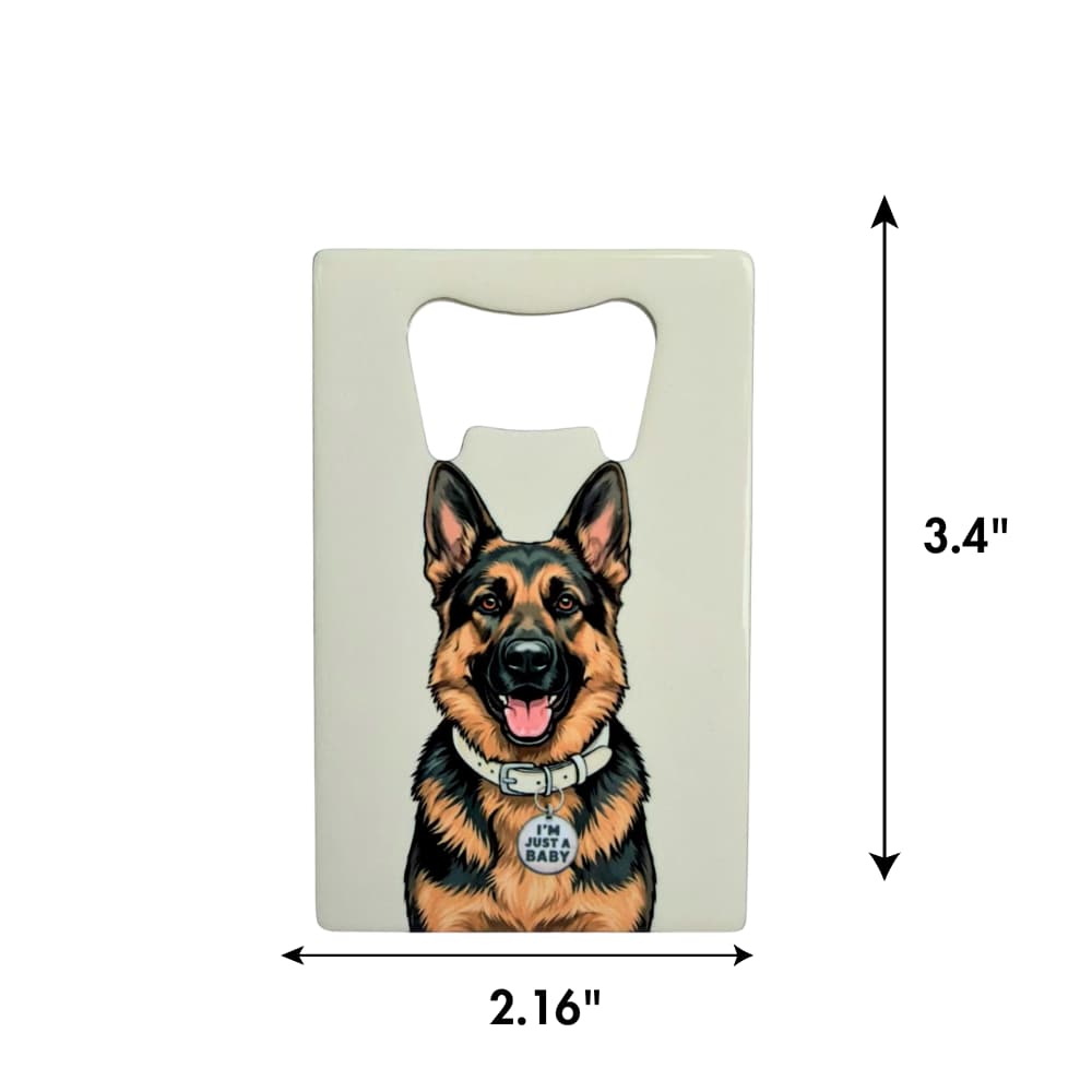 german shepherd bottle opener; beige background on flat rectangular bottle opener with illustration of a dog. Double arrows with size dimensions on one side and bottom.