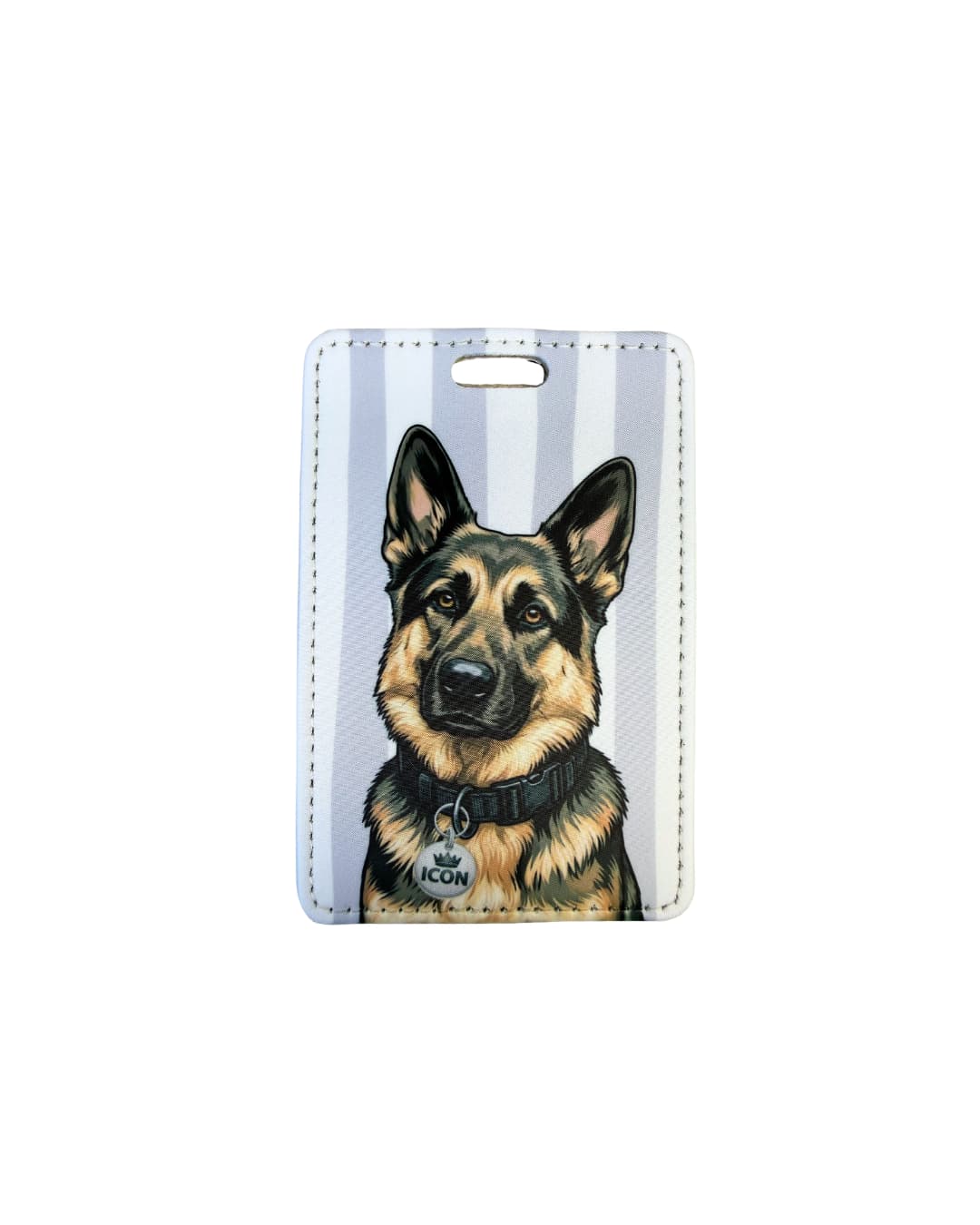 German Shepherd luggage tag; Faux leather luggage tag with a regal German Shepherd illustration wearing an Icon crown charm, grey and white vertical stripes, white background.