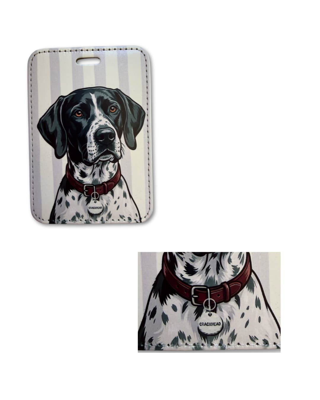 german shorthaired pointer dog luggage tag featuring a black and white spotted gsp with a red collar on a neutral striped background + close up of tag