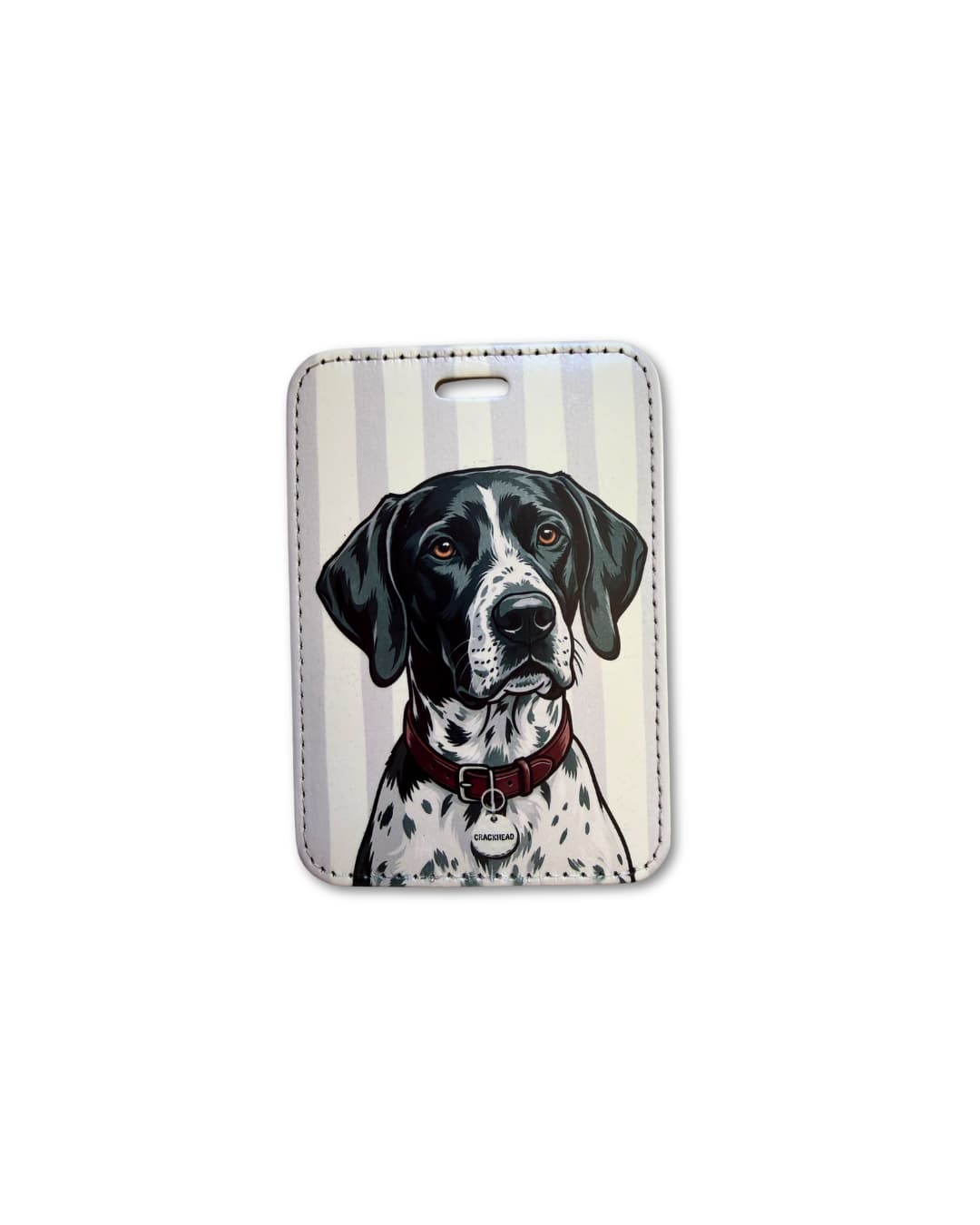 german shorthaired pointer dog luggage tag featuring a black and white spotted gsp with a red collar on a neutral striped background