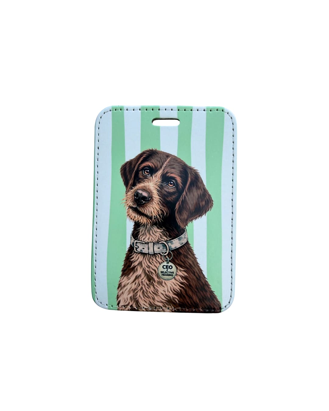 german wirehaired pointer luggage tag flat lay on white background showing brown wiry-haired GWP with bearded muzzle and CEO of Selective Hearing round collar tag on mint green and white striped faux leather tag