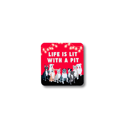 A 2.5-inch square magnet featuring ten colorful pitbulls under string lights with the text 'Life is Lit With a Pit'—an ideal gift for pitbull moms and dads.