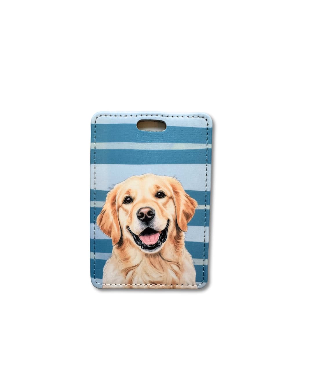 golden retriever luggage tag; illustration of dog with blue and grey stripes on white background