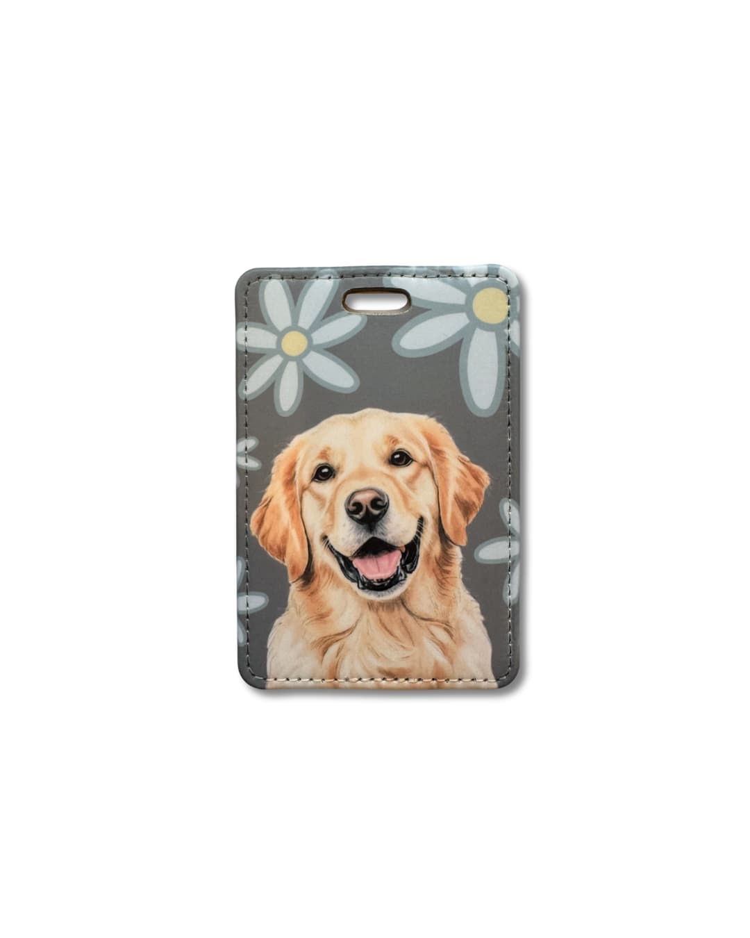 golden retriever luggage tag; illustration of dog on grey background with white flowers.
