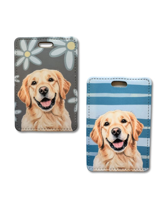 two golden retiever luggage tags; one grey floral background with dog and one blue and grey stripes with dog