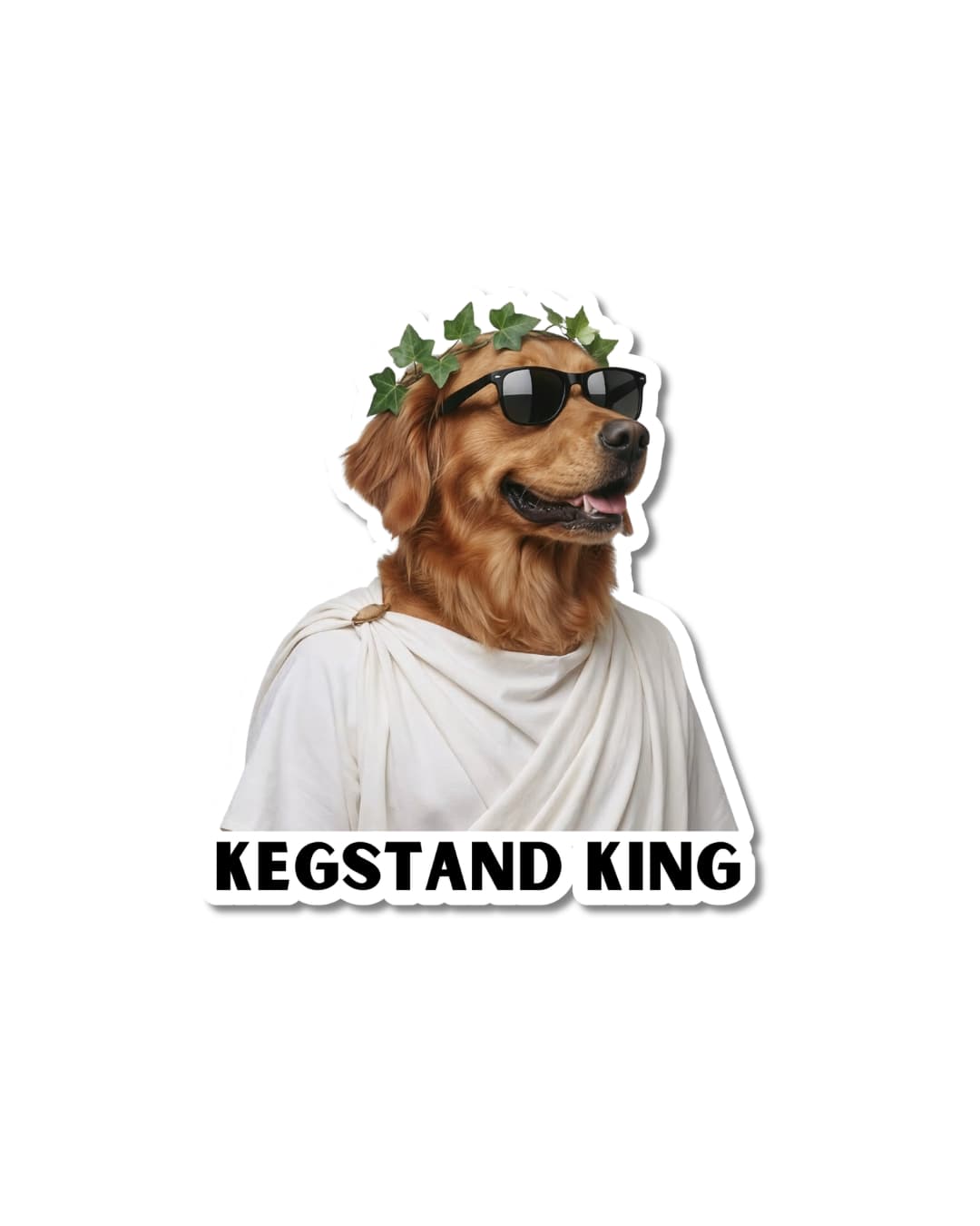 golden retriever party dog sticker funny dog humor; dog wearing toga, ivy crown, and sunglasses