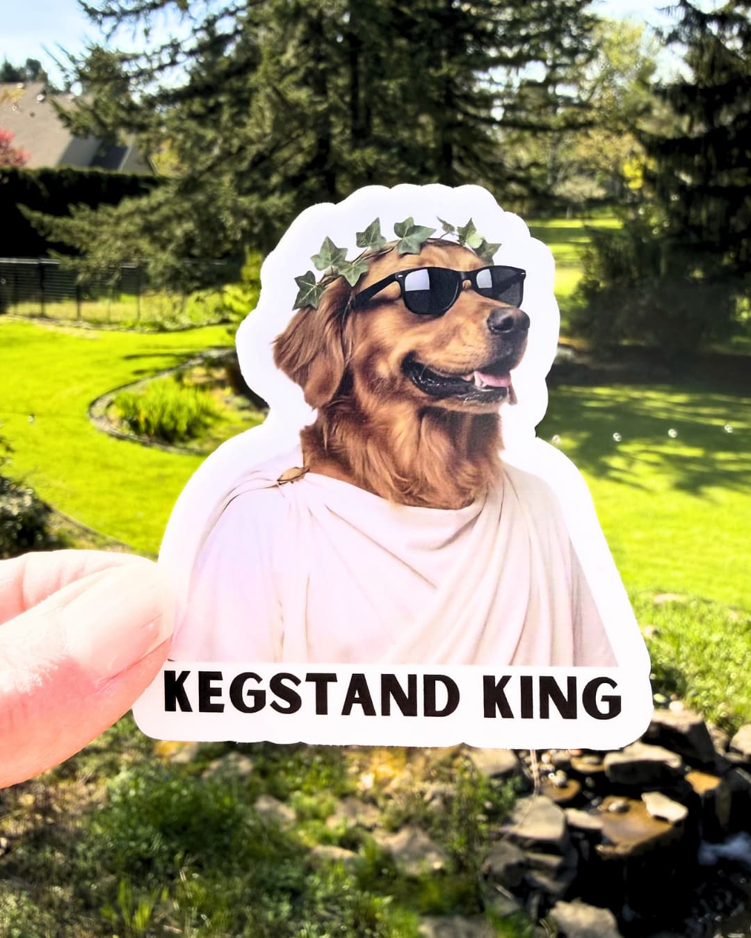 golden retriever party dog sticker funny dog humor sticker held between fingers outdoors with yard background