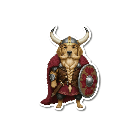 Golden retriever Viking sticker featuring a dog in Viking armor with helmet and shield
