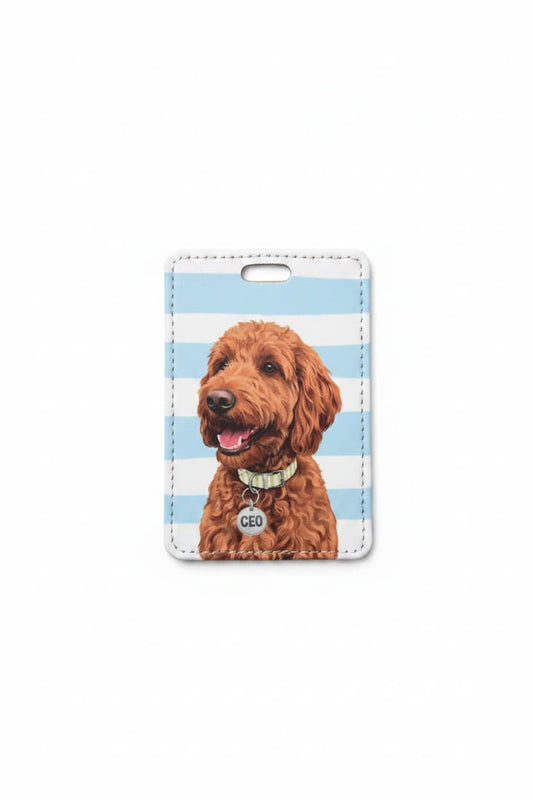 goldendoodle luggage tag funny dog flat lay showing curly red doodle with CEO collar tag on blue and white striped faux leather travel tag