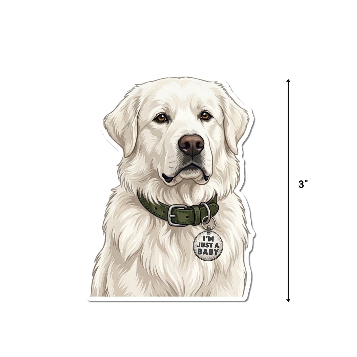Great Pyrenees dog sticker with a vertical arrow showing the waterproof kiss-cut decal measures 3 inches tall