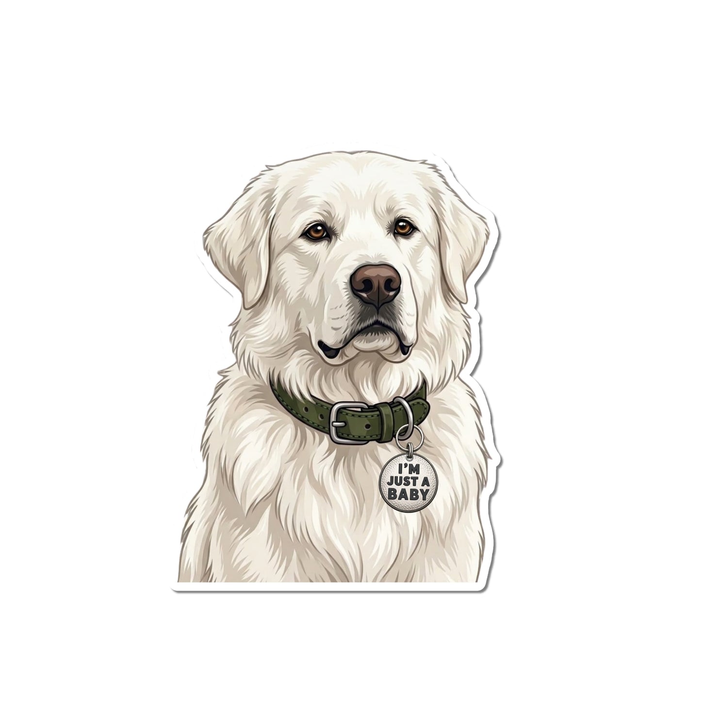 Great Pyrenees dog sticker showing an illustrated fluffy white Pyr wearing an olive-green collar and round I'M JUST A BABY charm.