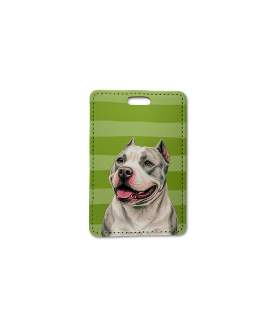 Grey American bully luggage tag featuring a smiling grey and white bully dog on a green striped background