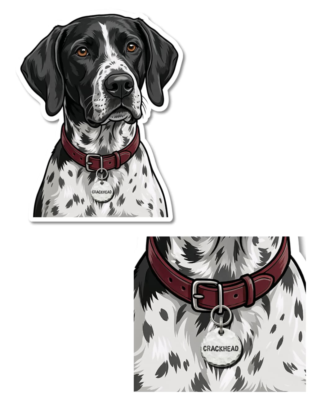 german shorthaired pointer crazy energy sticker funny dog humor close-up of dog collar tag on gsp illustration