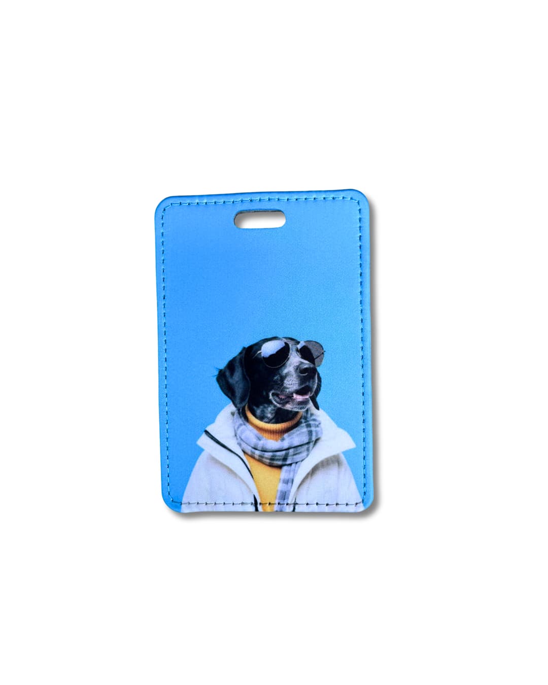 gsp dog uggage identifier funny-travel tag; GPS wearing sunglasses, scarf, and white coat on luggage tag with blue background. 