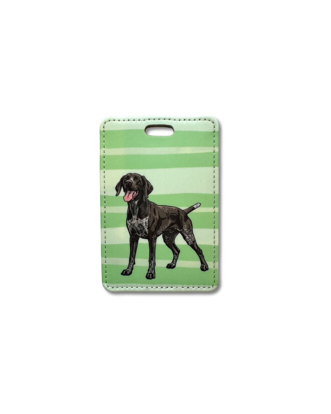 GSP luggage tag featuring a German Shorthaired Pointer illustration on a green striped background