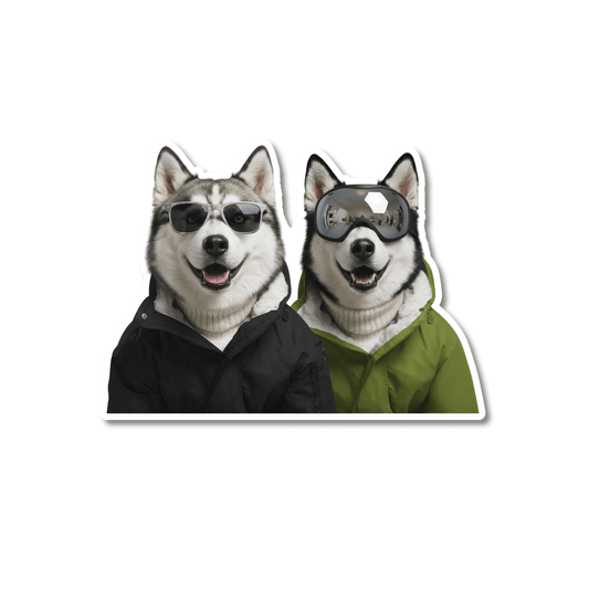 Husky adventure sticker; 2 husky dogs wearing outdoor jackets and goggles, smiling side by side on a white background 