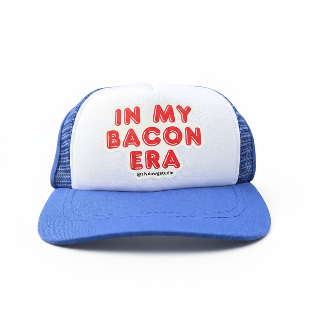 Bacon lover dogs hat; blue and white In My Bacon Era dog trucker hat, front view on white background.