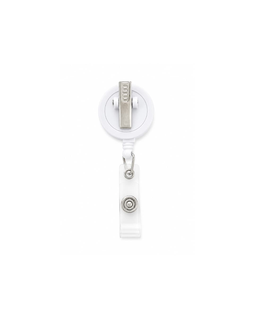 White replacement badge reel for interchangeable custom pet badge reel set, shown with clear vinyl strap and metal alligator clip