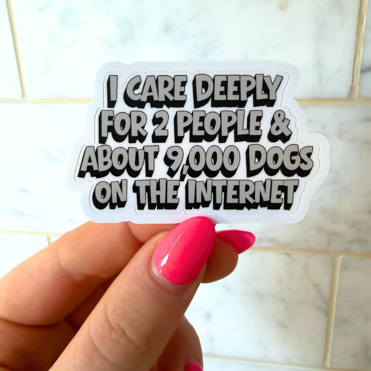 Introvert dog lover sticker held between fingers showing bold black and white text reading I Care Deeply For 2 People and About 9,000 Dogs On The Internet
