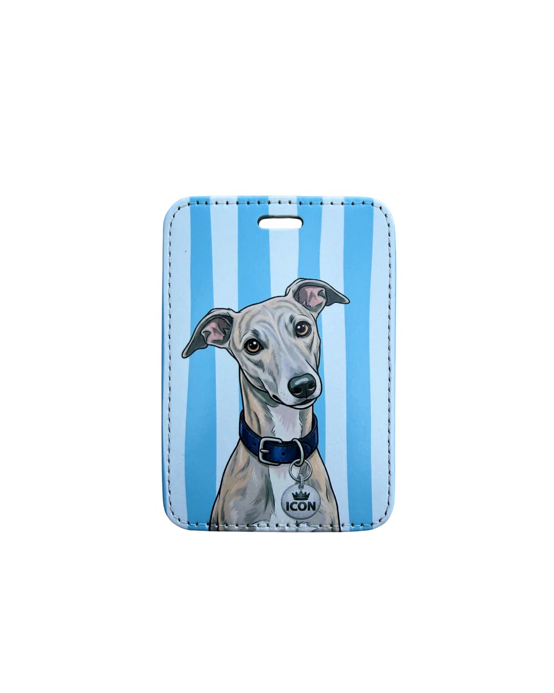 italian greyhound luggage tag flat lay on white background showing sleek fawn Italian Greyhound with blue collar and ICON crown collar tag on blue and white vertical striped faux leather tag