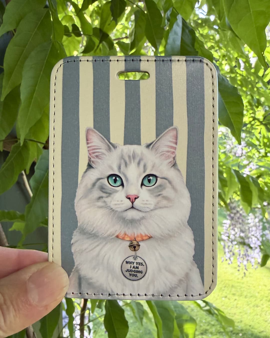 judging cat luggage tag featuring a fluffy white cat with green eyes on a striped background. Tag being held in front of green foliage.