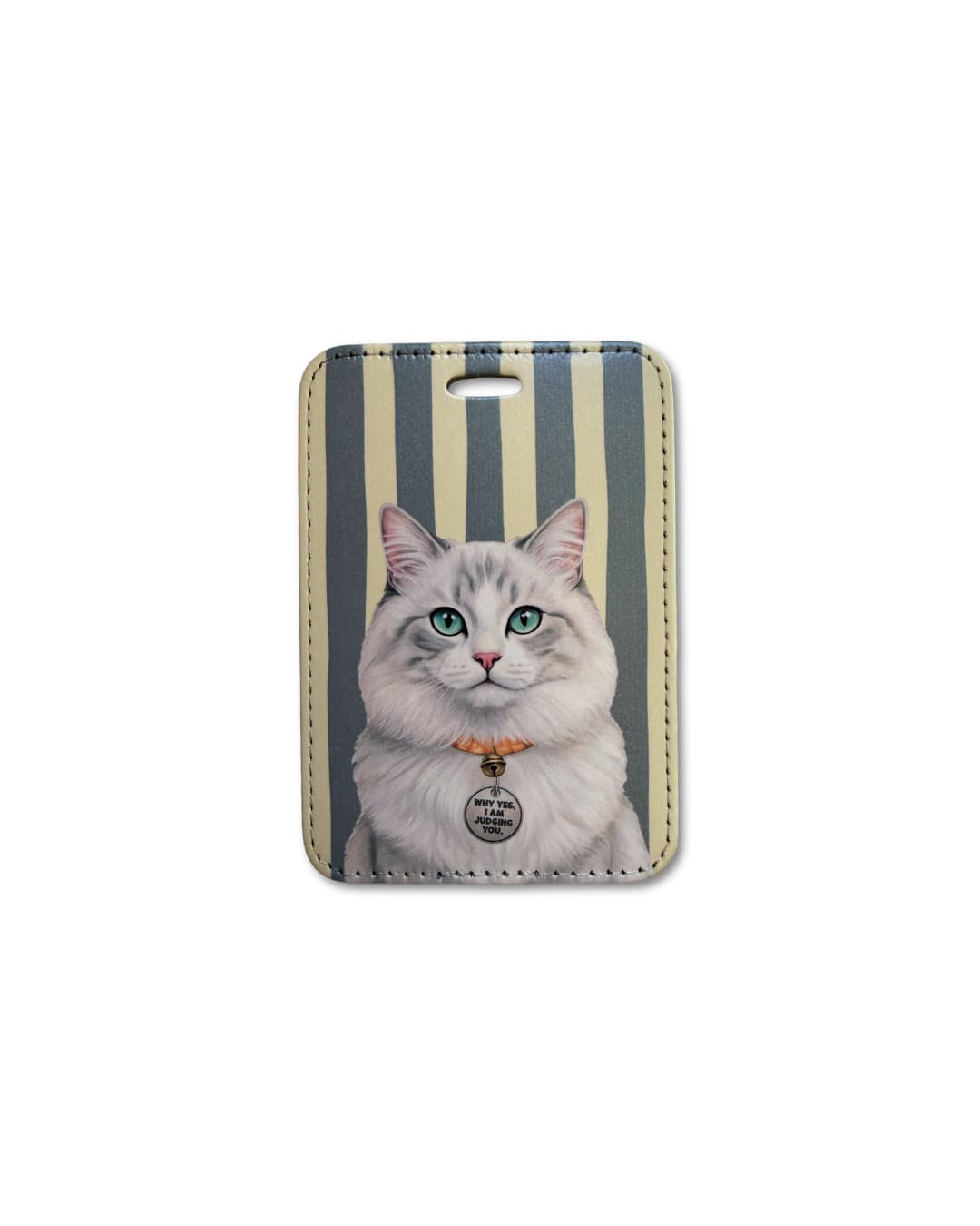 judging cat luggage tag featuring a fluffy white cat with green eyes and a tag that says why yes I am judging you on a striped background