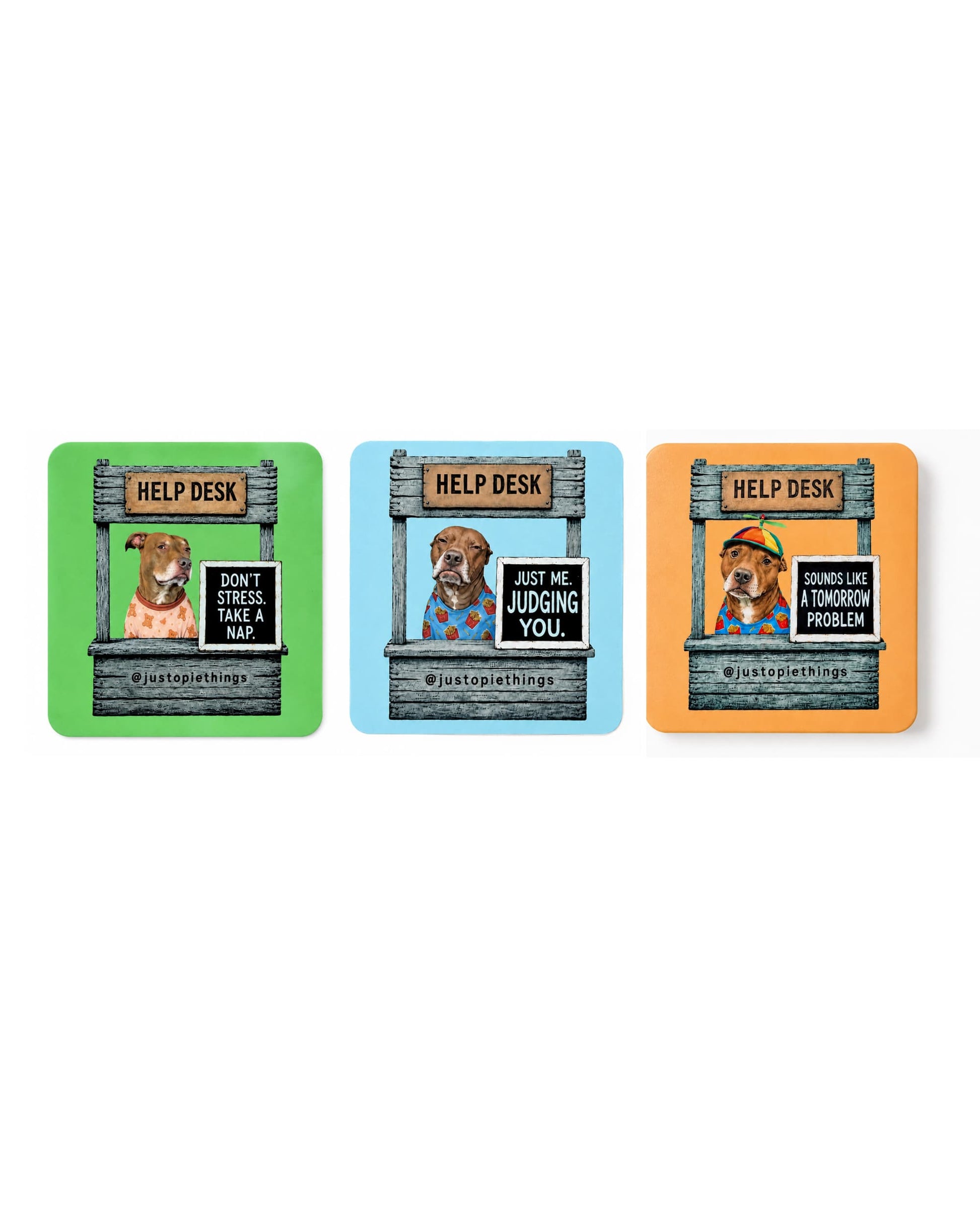 Opie Help Desk magnets in green, blue and orange, three designs featuring Opie the pit bull at his Help Desk, official @justopiethings merch by Sly Dawg Studio