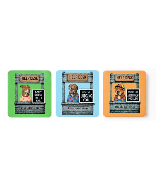 Opie Help Desk magnets in green, blue and orange, three designs featuring Opie the pit bull at his Help Desk, official @justopiethings merch by Sly Dawg Studio