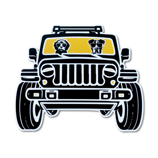 Sticker with pit bull and doodle mix in yellow Jeep with amber windshield. Waterproof vinyl, 5" wide. Bright design perfect for cars, laptops, or coolers.
