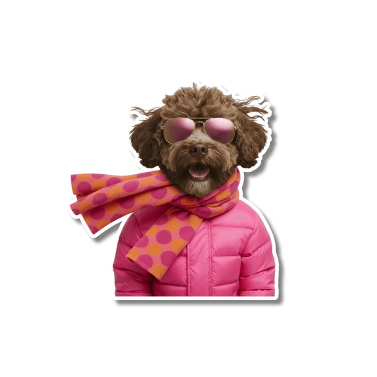 Brown Labradoodle wearing pink sunglasses and a pink puffer jacket with a polka dot scarf, labradoodle in pink puffer jacket sticker.