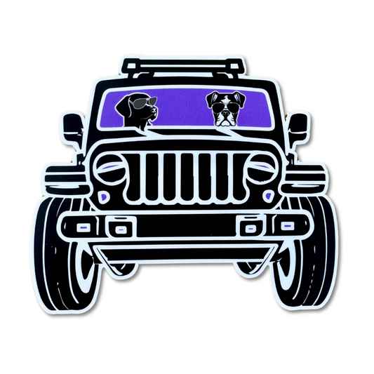 Pit bull and lab-like GSP in a Jeep with purple windshield. Waterproof 5" vinyl sticker for car windows, laptops, or coolers with dog-loving energy.