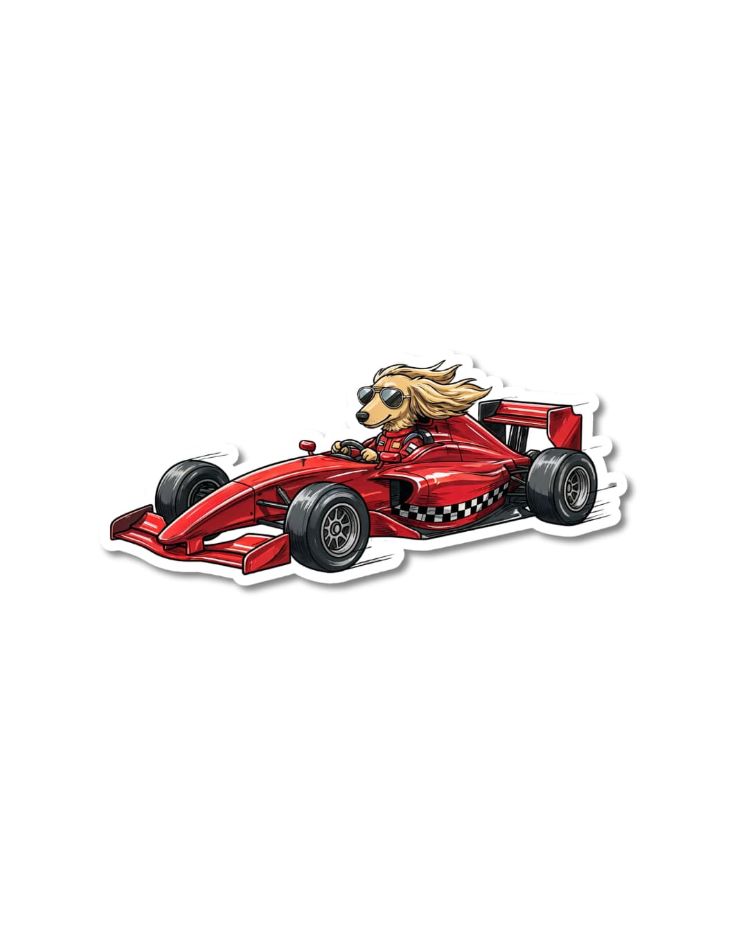 long haired dachshund race car sticker funny dog humor illustration of dachshund driving red race car