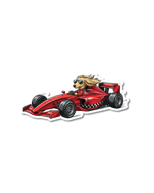 long haired dachshund race car sticker funny dog humor illustration of dachshund driving red race car