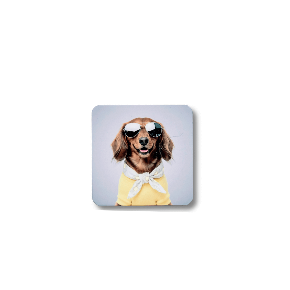 Close-up of a long-haired dachshund refrigerator magnet featuring a brown dog wearing aviator sunglasses, a yellow sweater, and a white bandana against a light gray background.