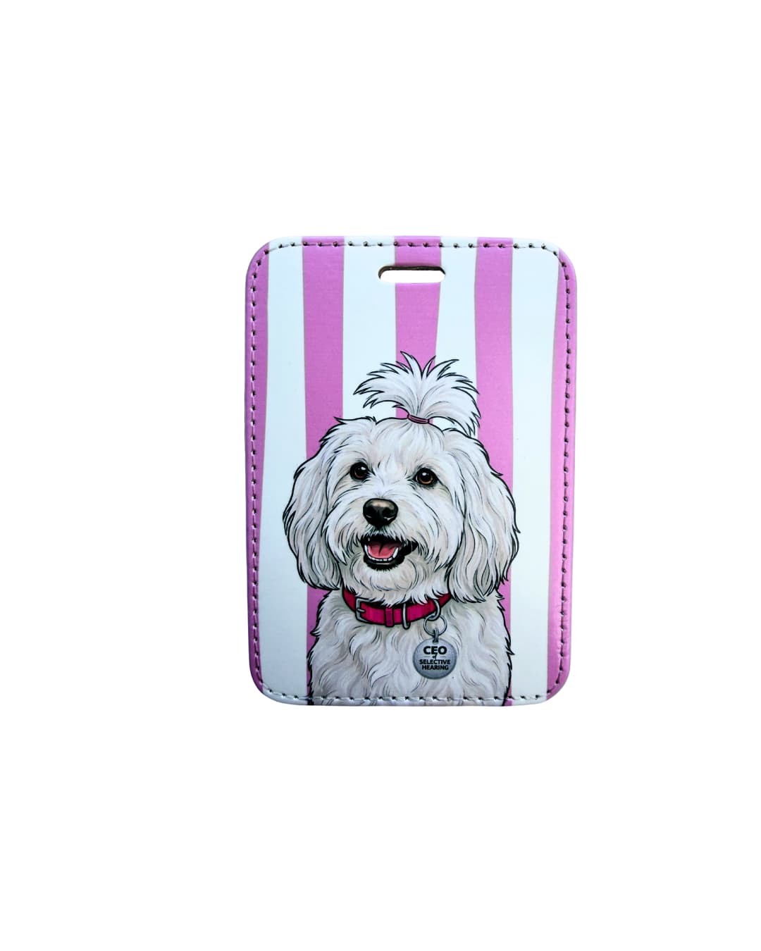 Maltese luggage tag; Vibrant faux leather luggage tag with a groomed white Maltese illustration wearing a pink bow and CEO of Selective Hearing collar charm, pink and white vertical stripes, white background.