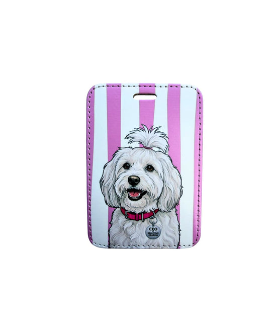Maltese luggage tag; Vibrant faux leather luggage tag with a groomed white Maltese illustration wearing a pink bow and CEO of Selective Hearing collar charm, pink and white vertical stripes, white background.