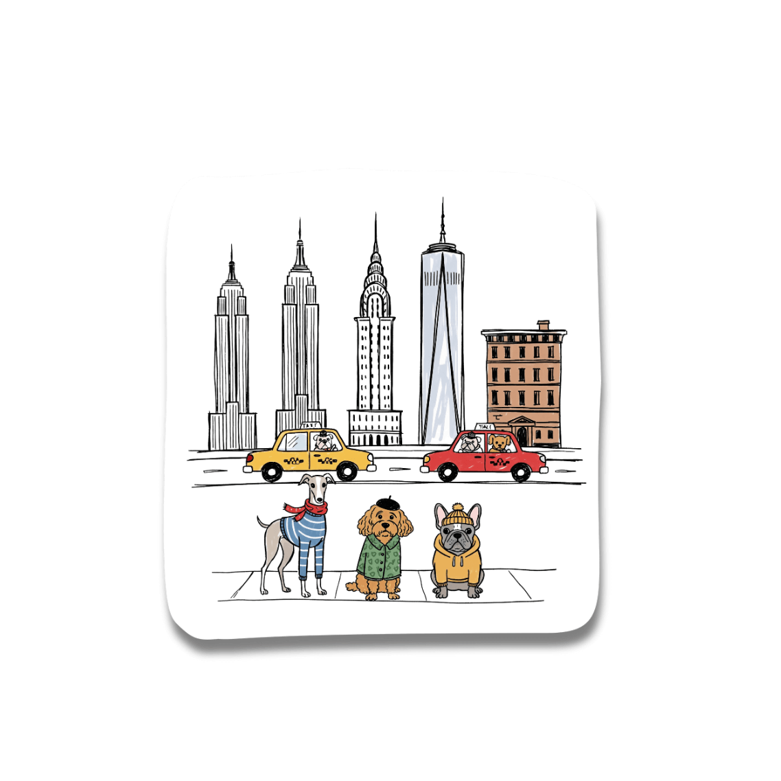 NYC dog sticker: Illustration of 3 dogs in front of a city skyline with buildings and taxis.