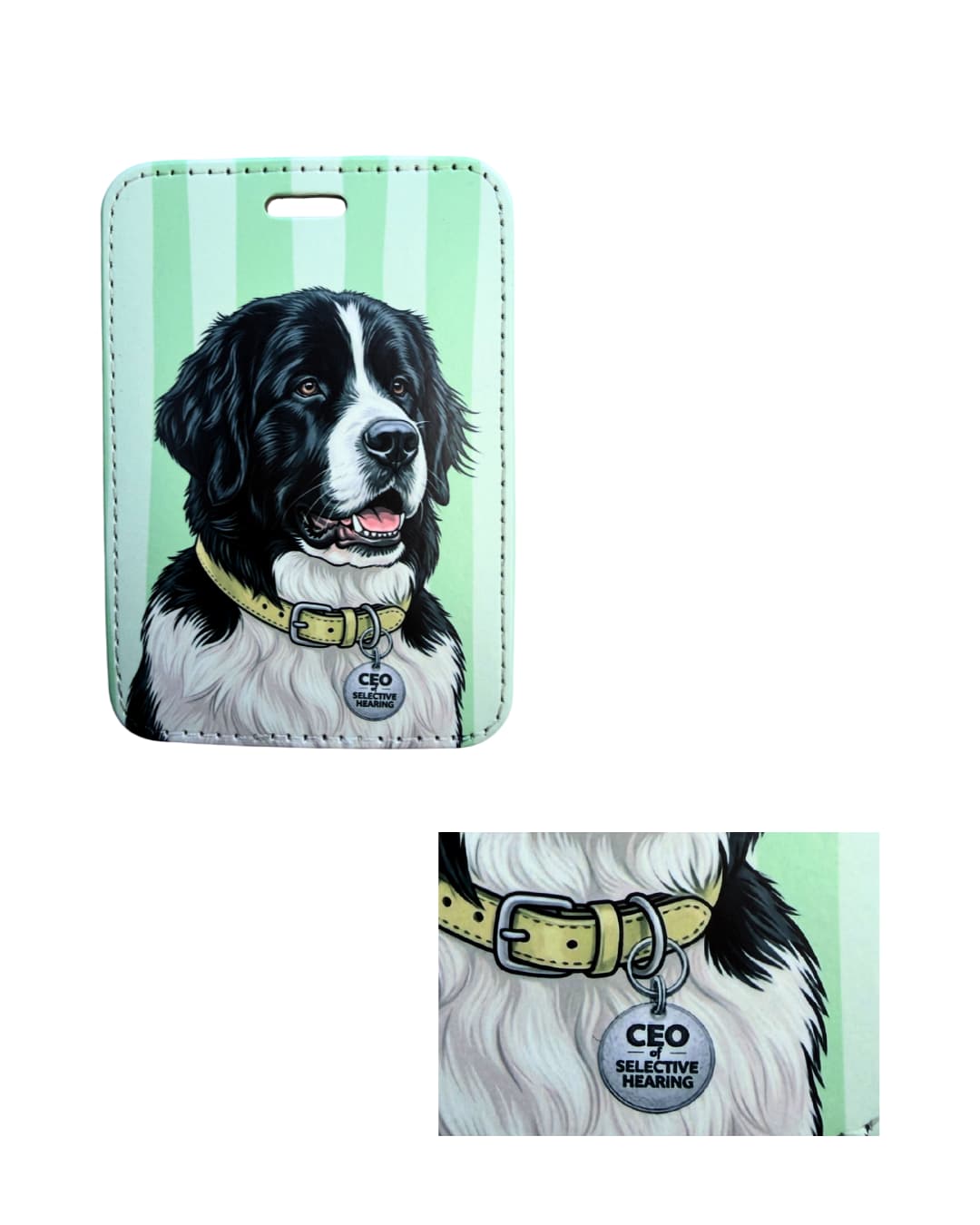 Newfoundland luggage tag close-up; Detail view of a faux leather luggage tag showing a black and white Newfoundland with a yellow collar and circular CEO of Selective Hearing charm, vertical mint green and pale lime stripes.