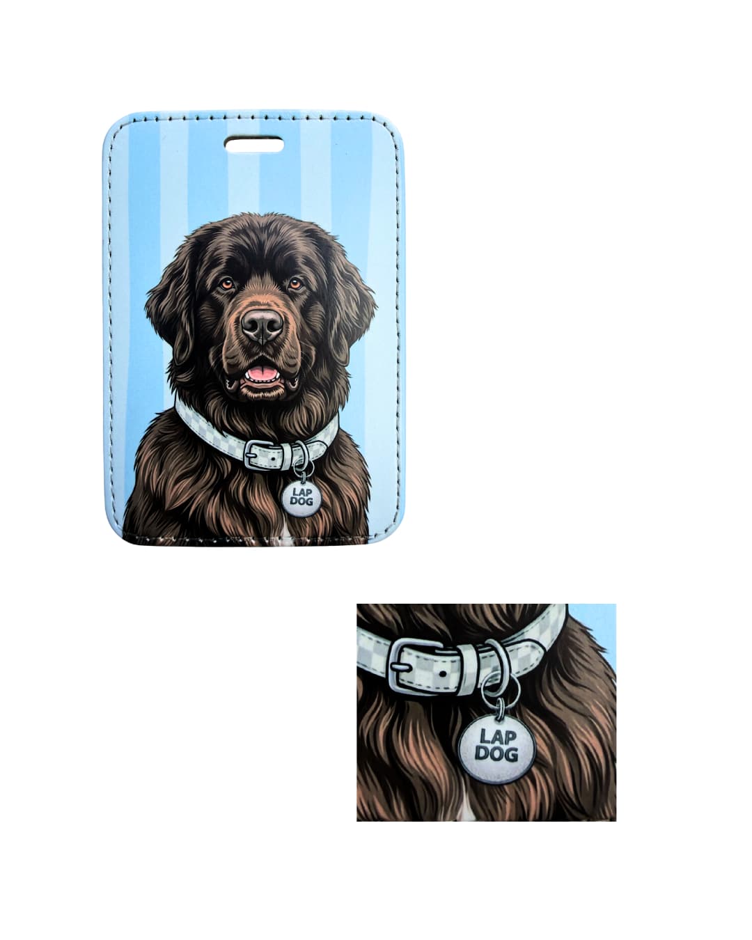 Brown Newfoundland luggage tag close-up; Detail view of a faux leather luggage tag showing a brown Newfoundland with a light checkered collar and circular Lap Dog charm, vertical light blue and white stripes.