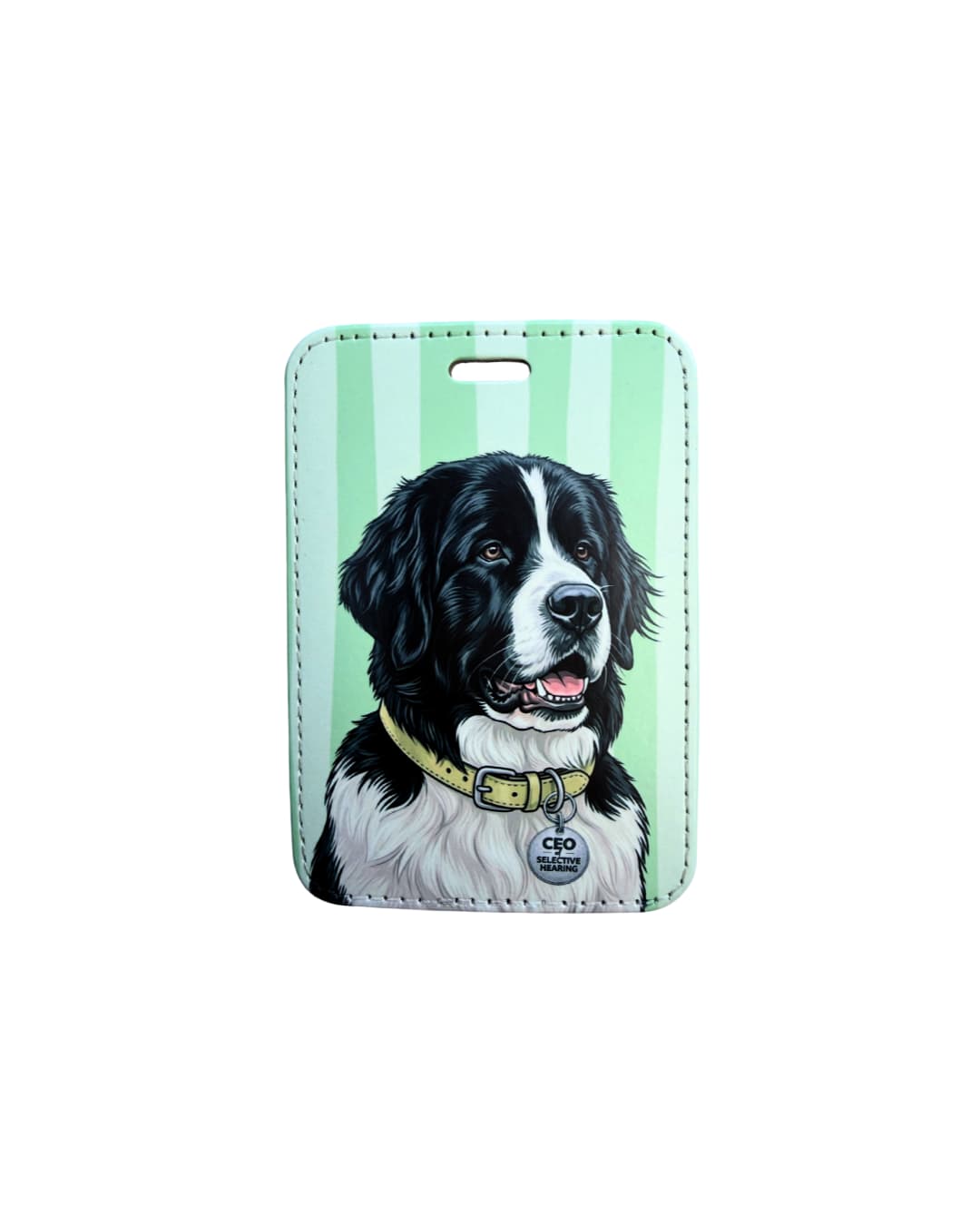 Newfoundland luggage tag; Fun faux leather luggage tag featuring a black and white Newfoundland with a yellow collar and CEO of Selective Hearing charm, vertical mint green and pale lime stripes, white background.
