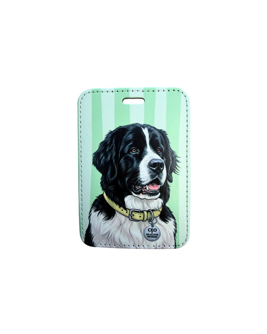 Newfoundland luggage tag; Fun faux leather luggage tag featuring a black and white Newfoundland with a yellow collar and CEO of Selective Hearing charm, vertical mint green and pale lime stripes, white background.