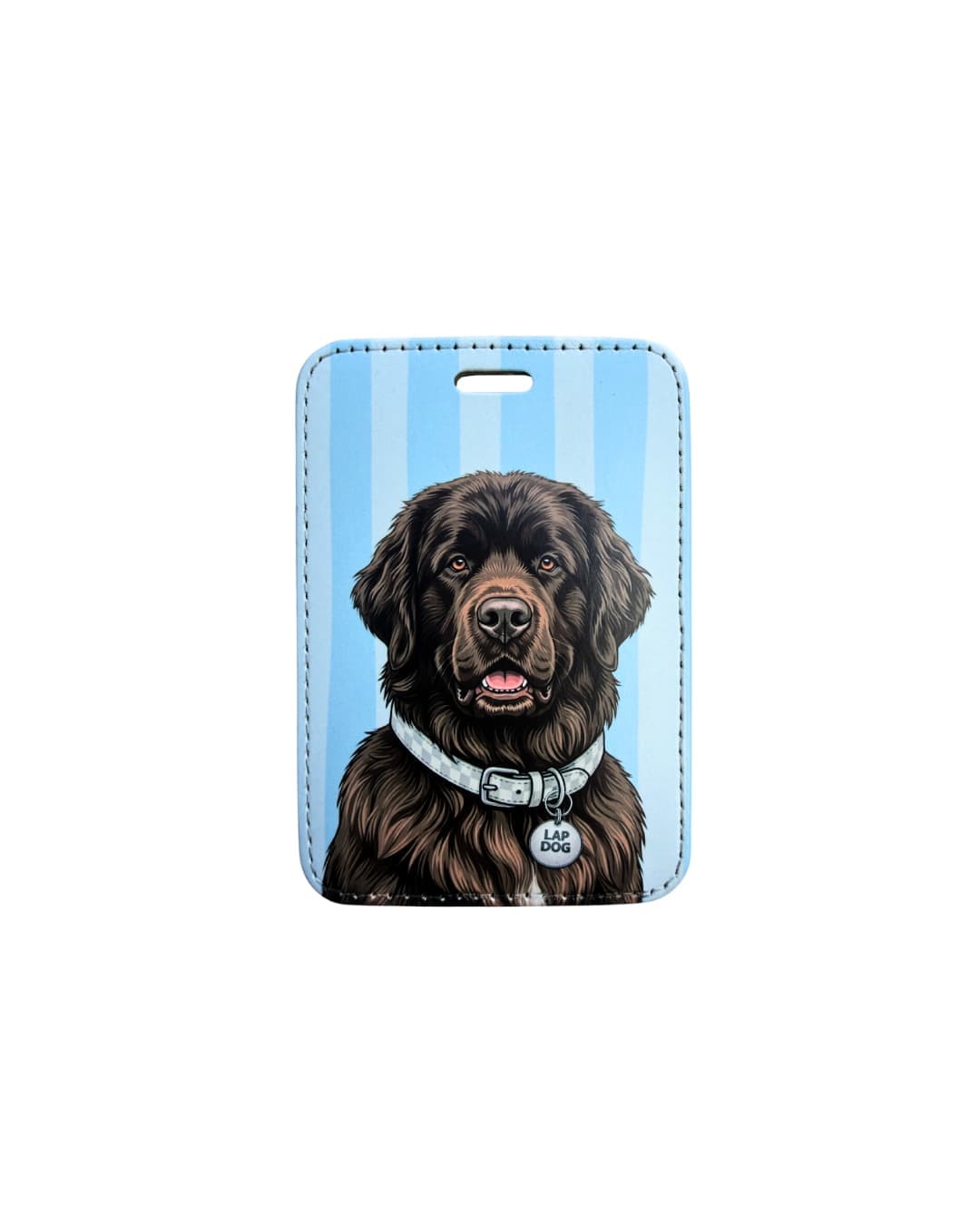 Brown Newfoundland luggage tag; Fun faux leather luggage tag featuring a brown Newfoundland with a light checkered collar and Lap Dog charm, vertical light blue and white stripes, white background.