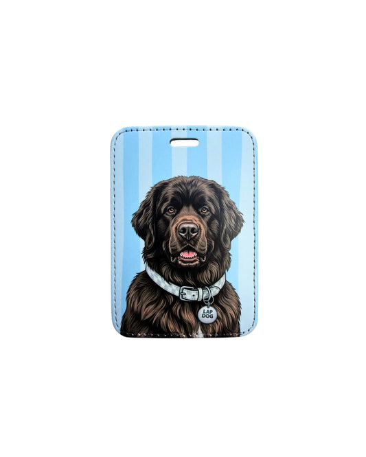 Brown Newfoundland luggage tag; Fun faux leather luggage tag featuring a brown Newfoundland with a light checkered collar and Lap Dog charm, vertical light blue and white stripes, white background.
