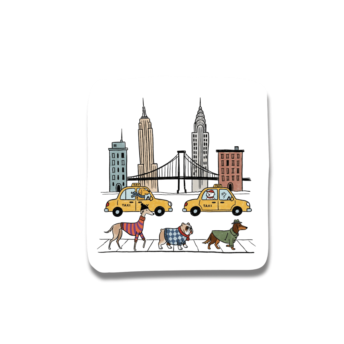 NYC Dog sticker -- illustration of three dogs in coats crossing a street with taxis and New York skyline in the background