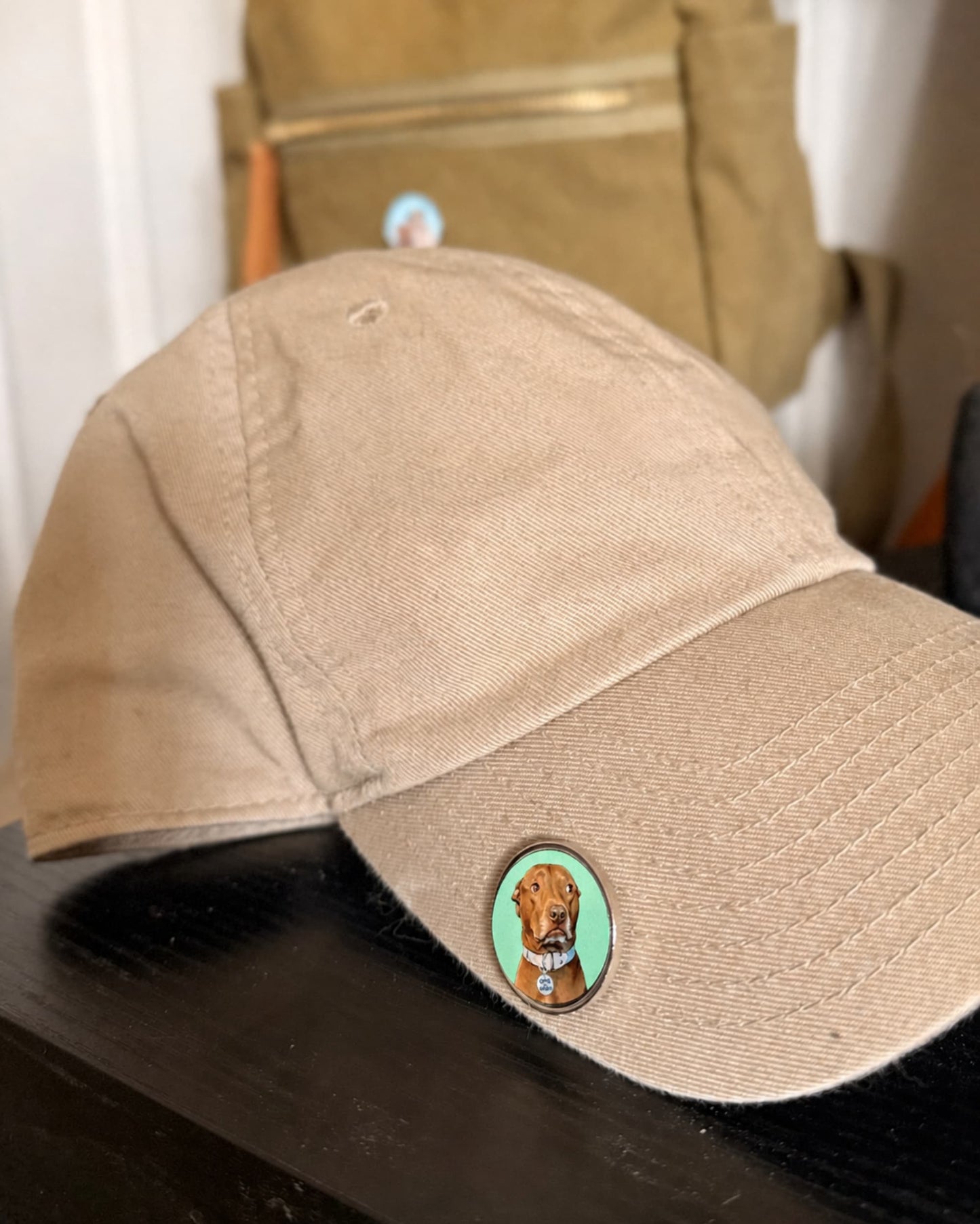 Official Opie pin on tan baseball cap, pit bull portrait pin by Sly Dawg Studio