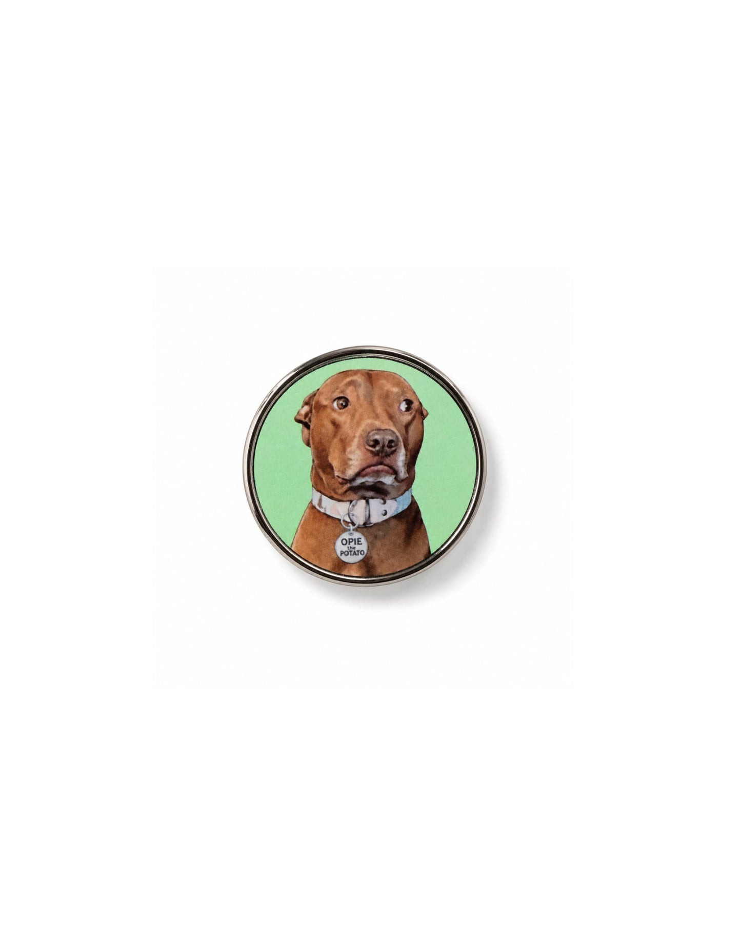 Official Opie pin featuring pit bull portrait on mint green background, 1 inch butterfly clutch pin by Sly Dawg Studio