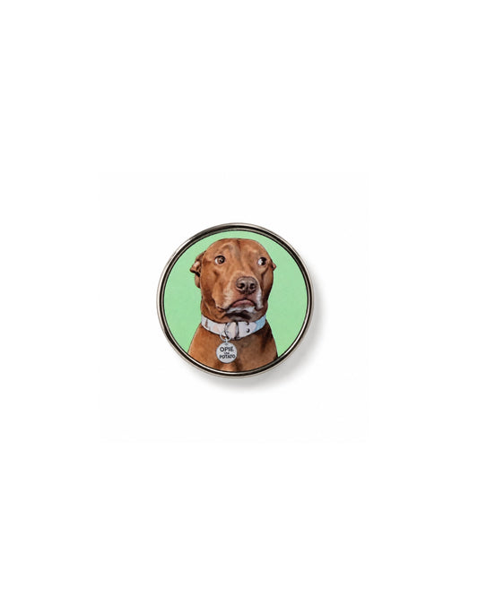 Official Opie pin featuring pit bull portrait on mint green background, 1 inch butterfly clutch pin by Sly Dawg Studio