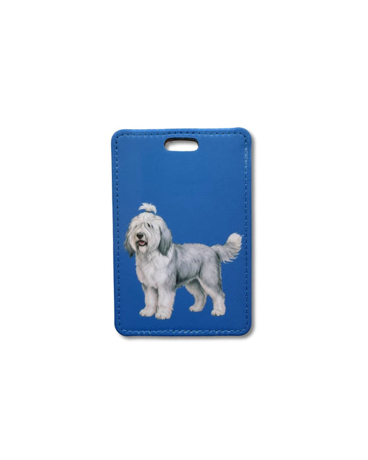 Old English Sheepdog luggage tag. Dog illustration on blue background.