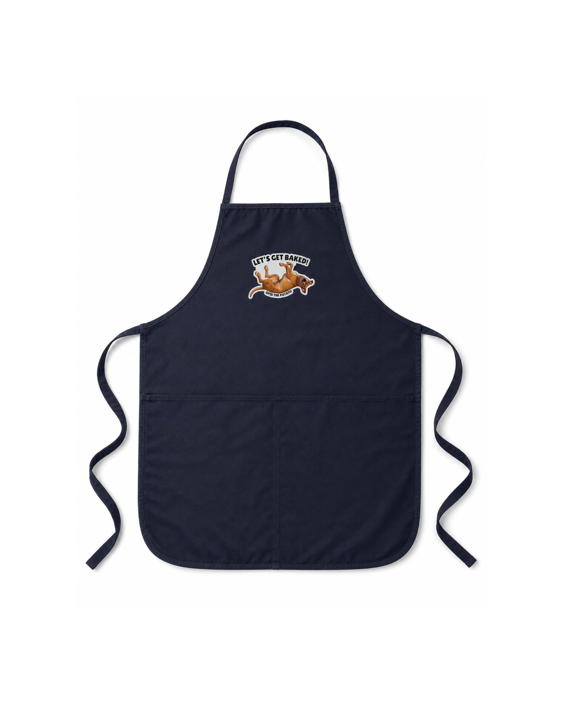 Opie Let's Get Baked apron layflat on white background, navy blue bib apron with Opie the Potato sunbathing graphic on chest, official @justopiethings merch by Sly Dawg Studio