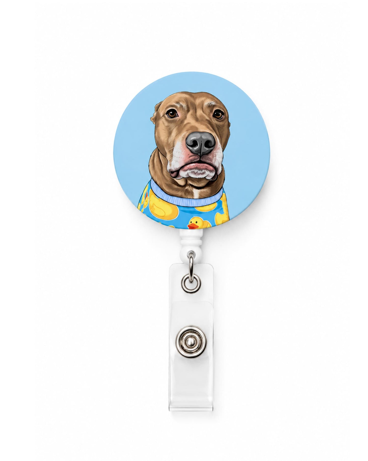 Opie badge reel on blue background, pit bull illustration wearing rubber duck shirt, retractable badge reel with alligator clip by Sly Dawg Studio